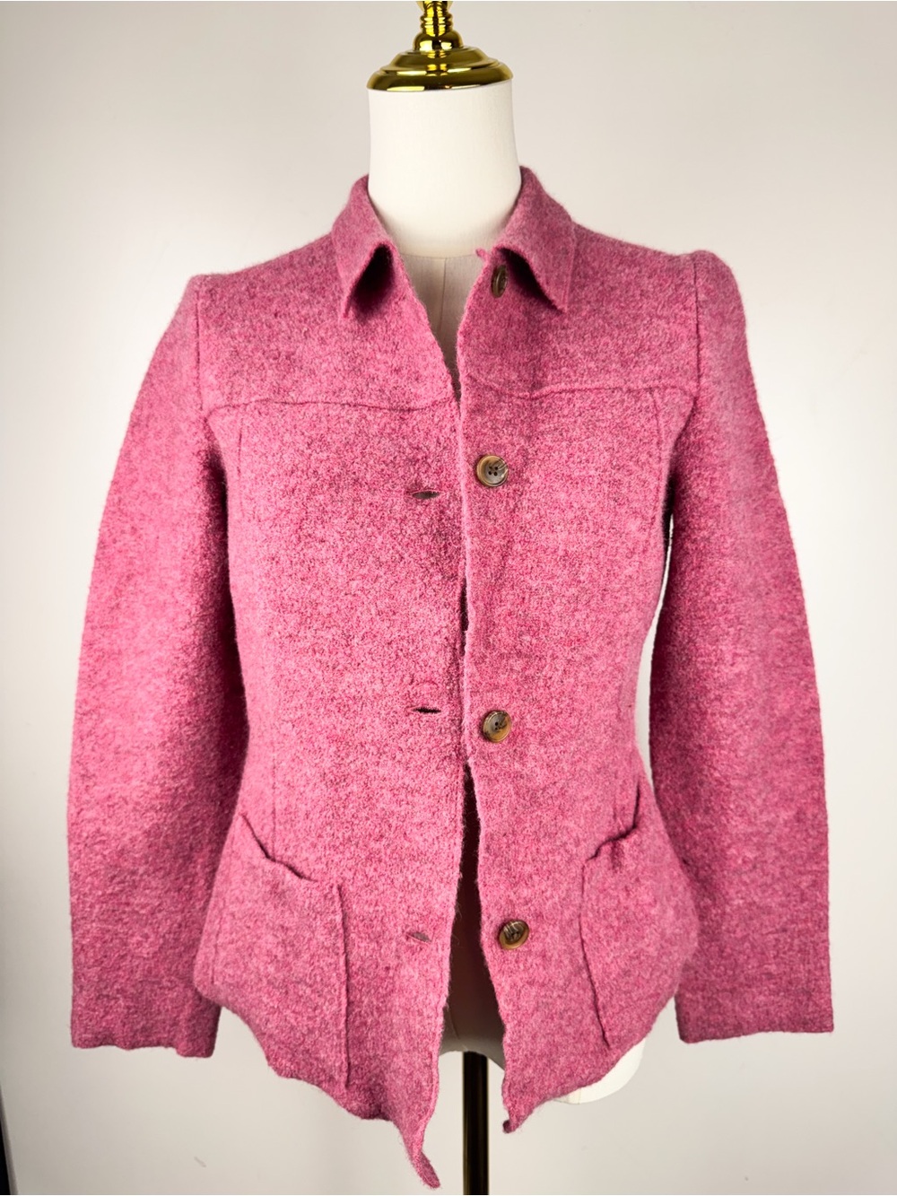 Vintage Lands End 100% Wool Button Jacket Pink Womens 6 Petite Boiled Wool Cozy